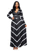 Sexy Black Striped V Neck Long Sleeve Maxi Dress